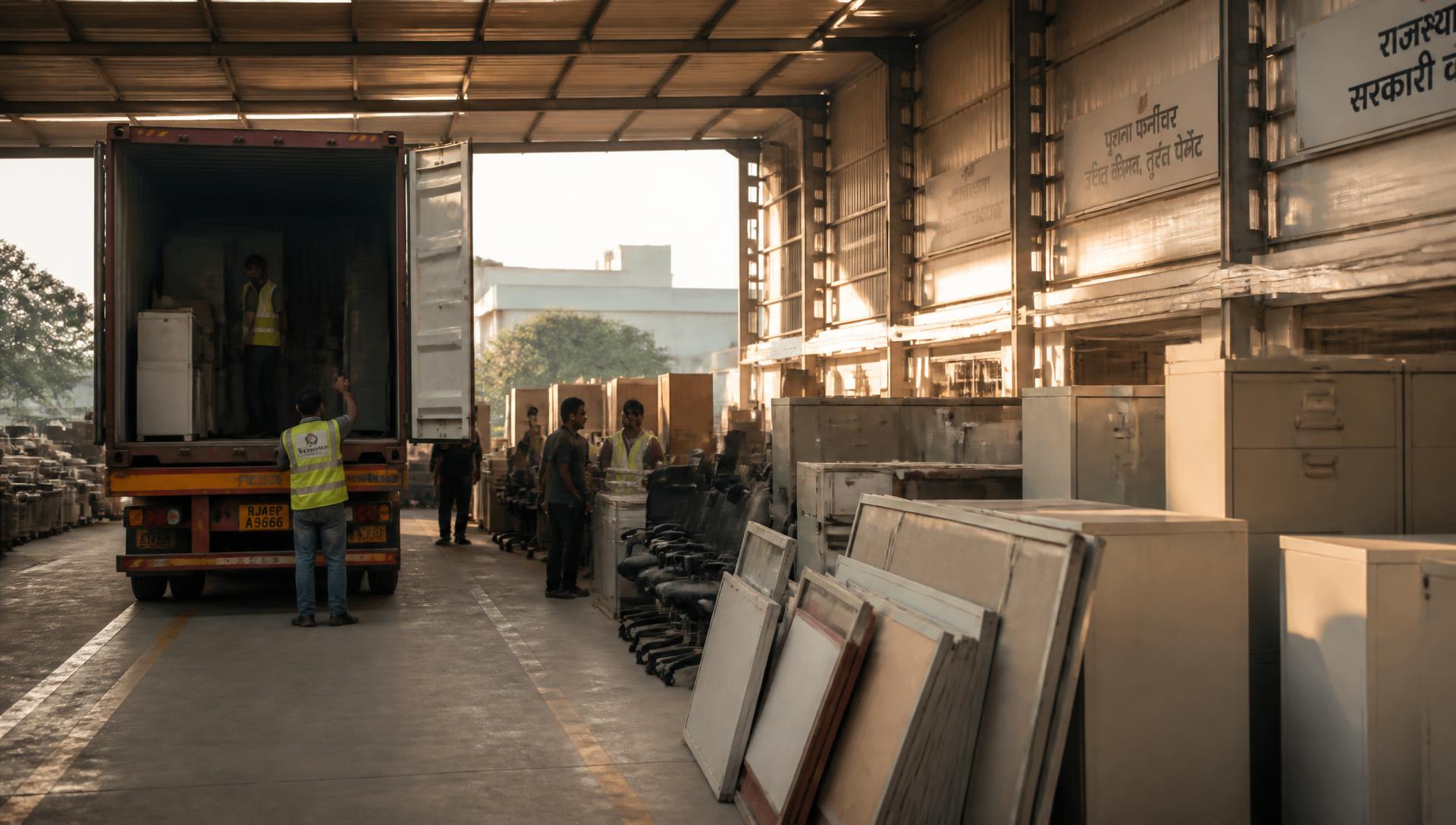 Bulk office furniture and commercial scrap being loaded onto a truck in Hyderabad