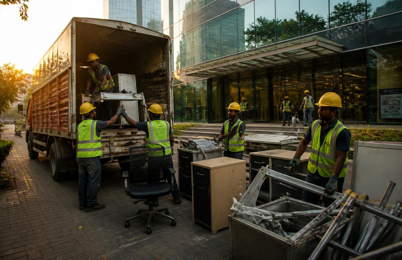 Dismantling crew loading office furniture and scrap into a truck in Hyderabad